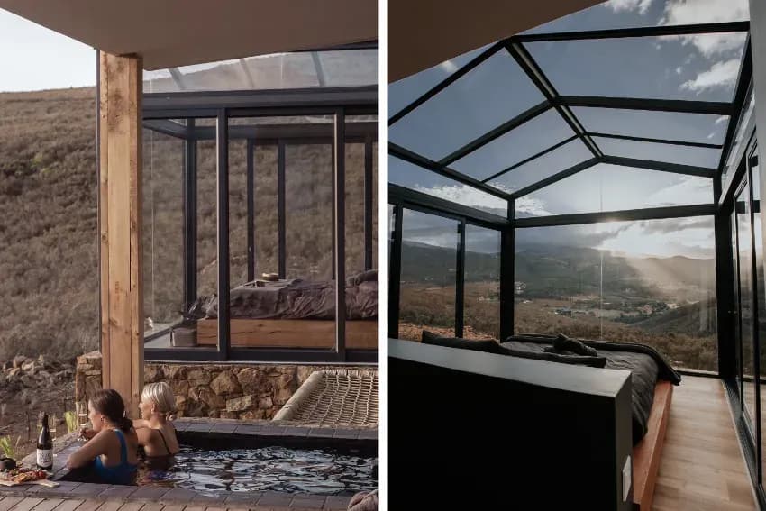 Hot tub and bedroom at Copia Eco Cabins