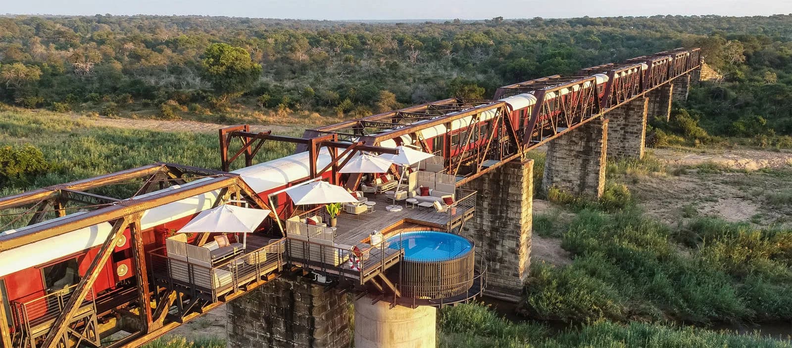 Aerial view of Kruger Shalati train on bridge