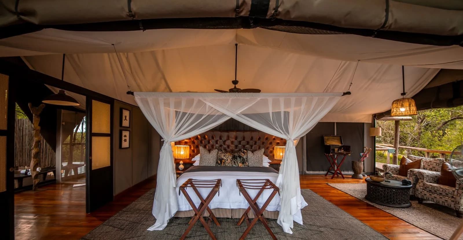 Tented suite bedroom at Rhino Sands Safari Camp