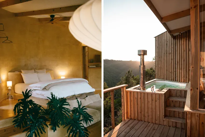 Sand Cabins hot tub and bedroom interior