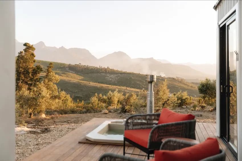 Wood-fired hot tub on verandah at Untether on Olive View